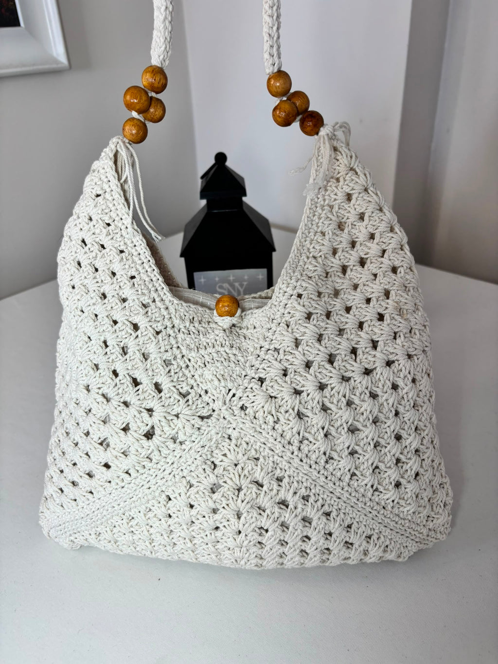 Handmade Granny Square Crochet Bag | Black & White Boho Shoulder Bag | Crochet Tote Bag | Vintage Style Cotton Purse | Gift for Her