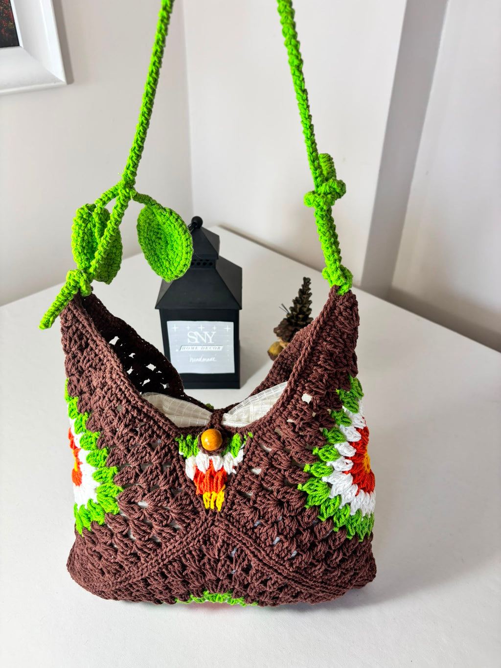 Crochet Granny Square Shoulder Bag | Handmade Black & White Tote | Boho Hobo Bag | Vintage Crochet Purse | Handmade Gift