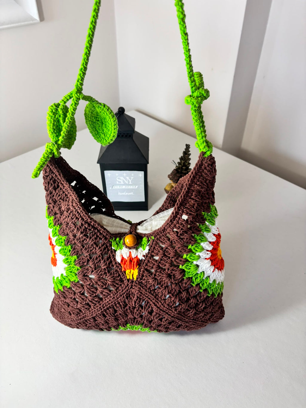 Crochet Granny Square Shoulder Bag | Handmade Black & White Tote | Boho Hobo Bag | Vintage Crochet Purse | Handmade Gift