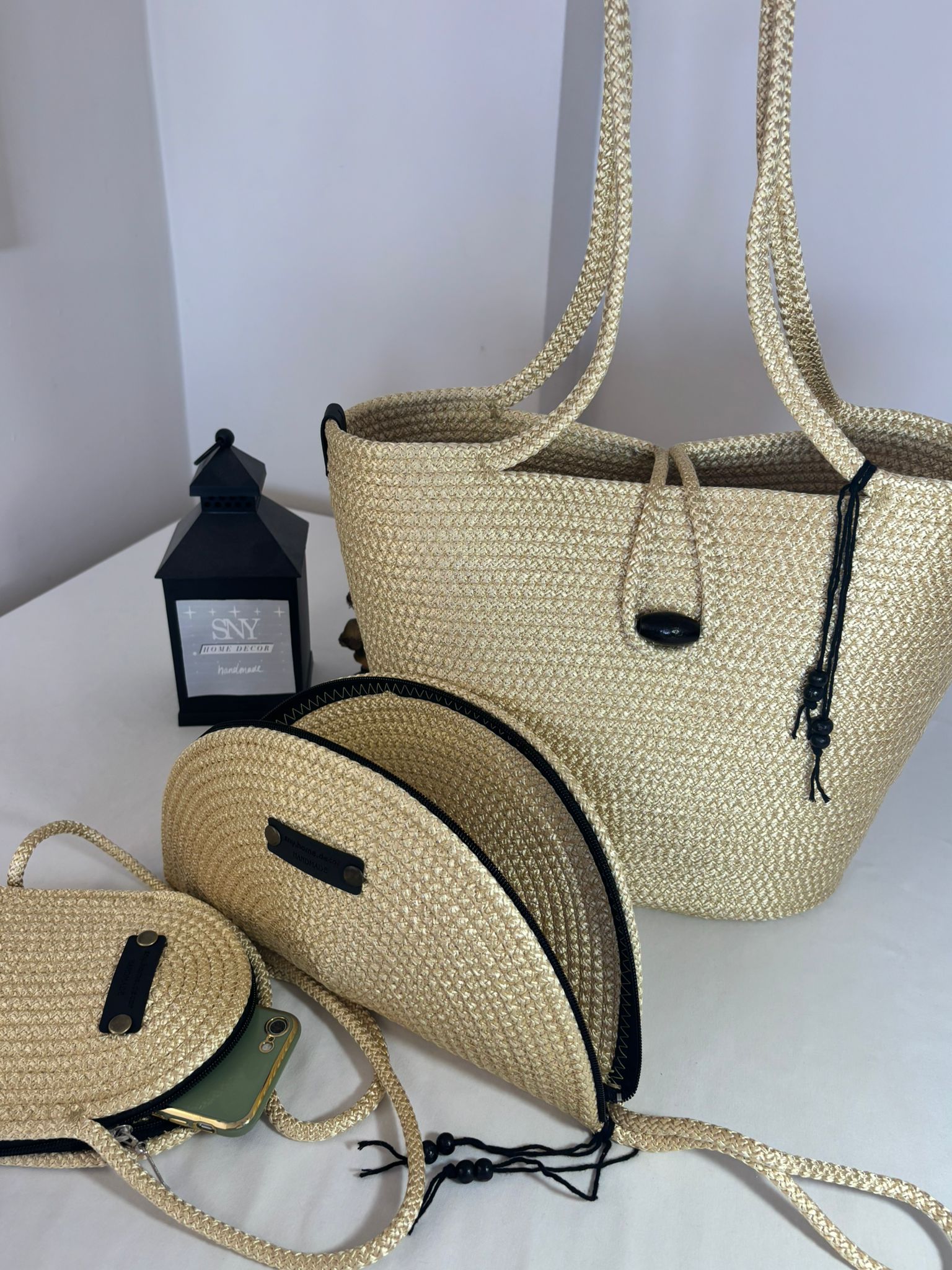 Woven Straw Bag Set, 3 Piece Tote, Clutch & Phone Crossbody Bag