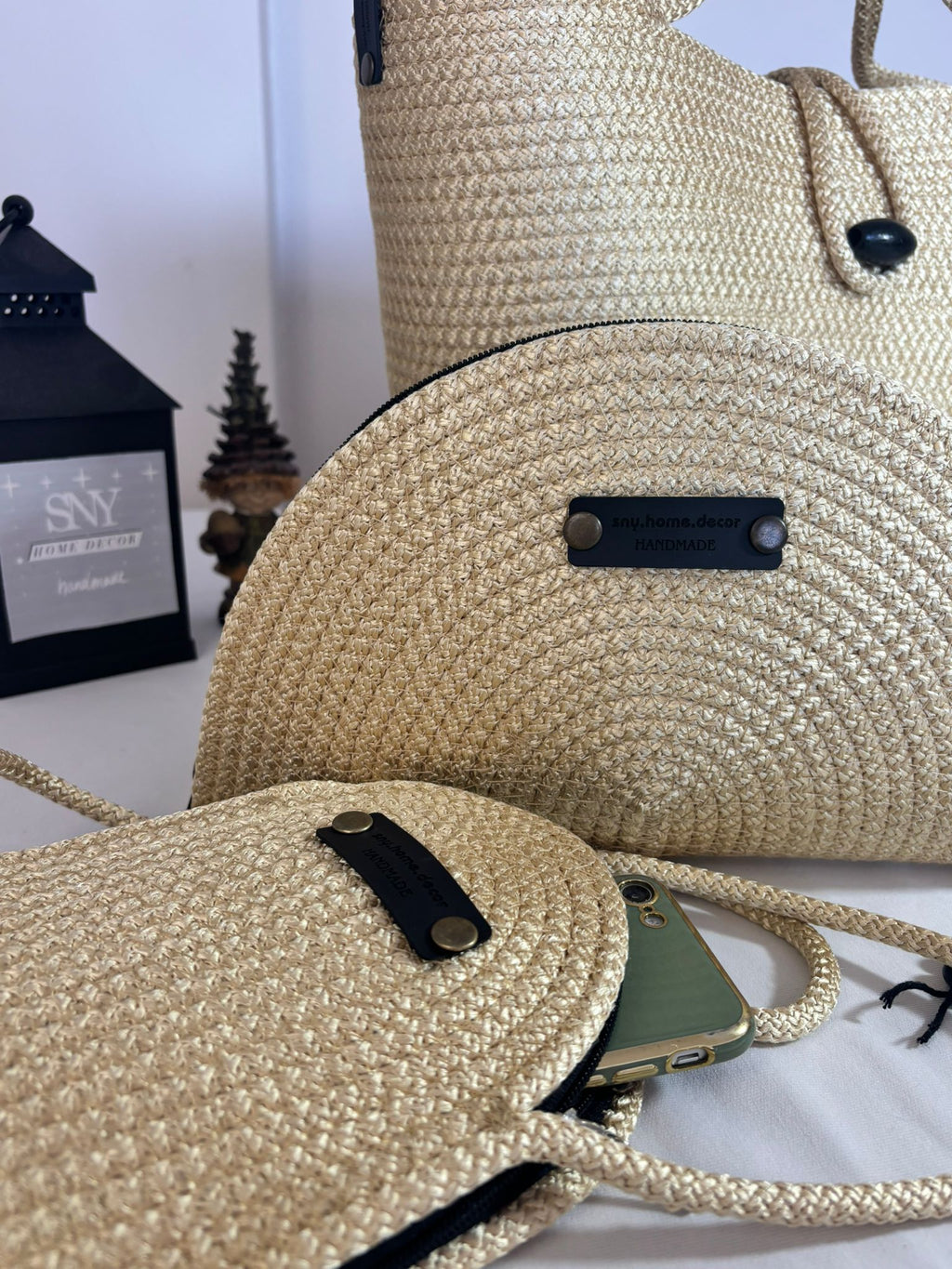 Woven Straw Bag Set, 3 Piece Tote, Clutch & Phone Crossbody Bag