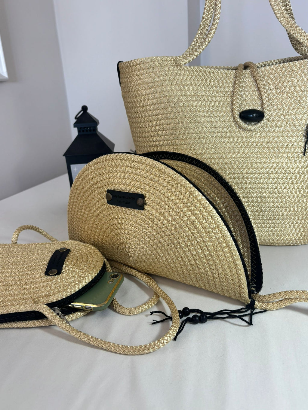Woven Straw Bag Set, 3 Piece Tote, Clutch & Phone Crossbody Bag