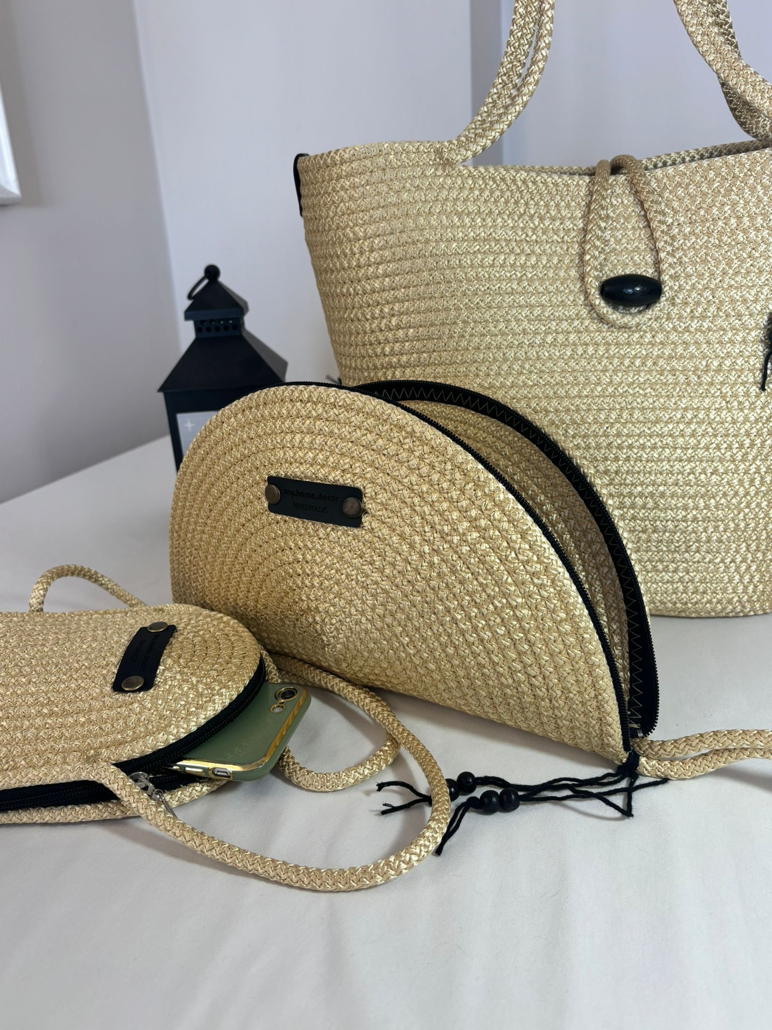 Woven Straw Bag Set, 3 Piece Tote, Clutch & Phone Crossbody Bag