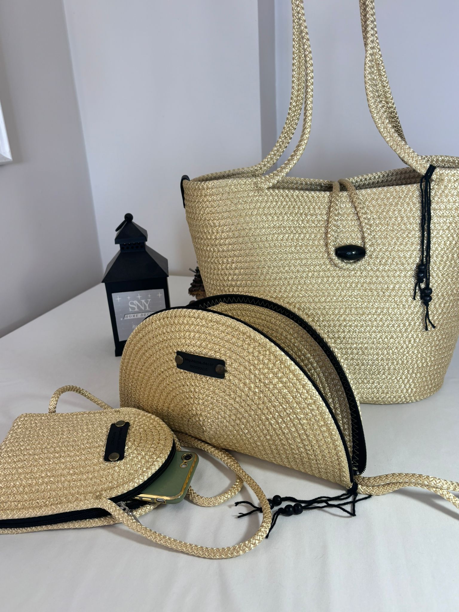 Woven Straw Bag Set, 3 Piece Tote, Clutch & Phone Crossbody Bag