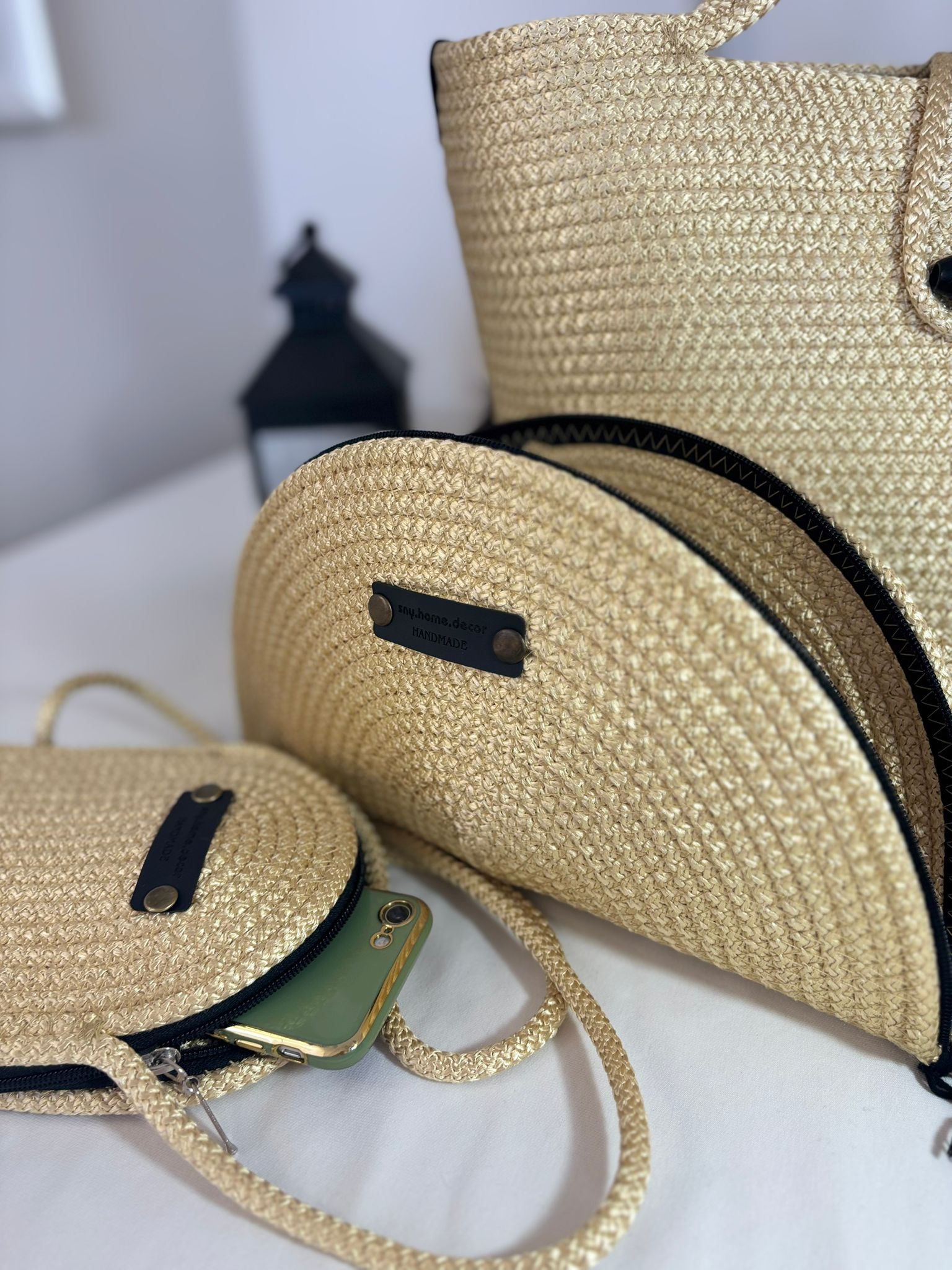 Woven Straw Bag Set, 3 Piece Tote, Clutch & Phone Crossbody Bag