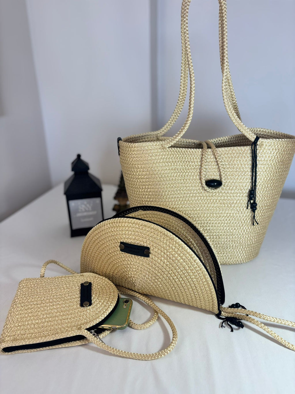 Woven Straw Bag Set, 3 Piece Tote, Clutch & Phone Crossbody Bag