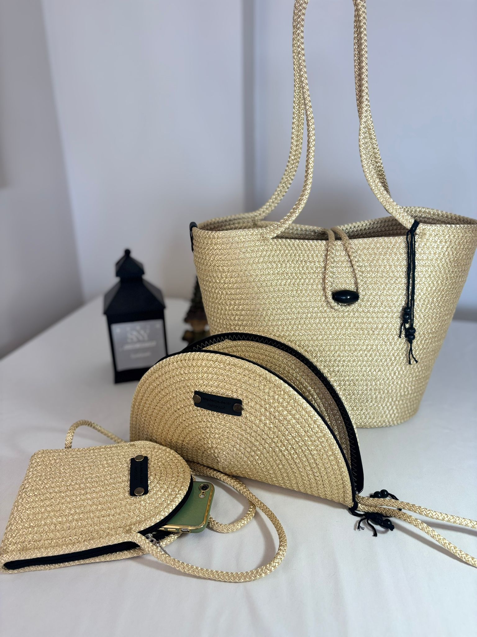 Woven Straw Bag Set, 3 Piece Tote, Clutch & Phone Crossbody Bag
