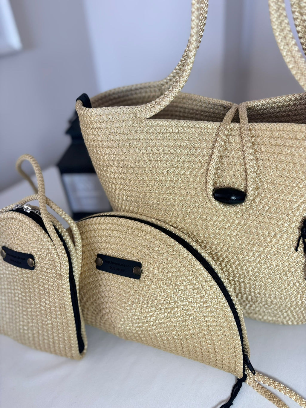 Woven Straw Bag Set, 3 Piece Tote, Clutch & Phone Crossbody Bag
