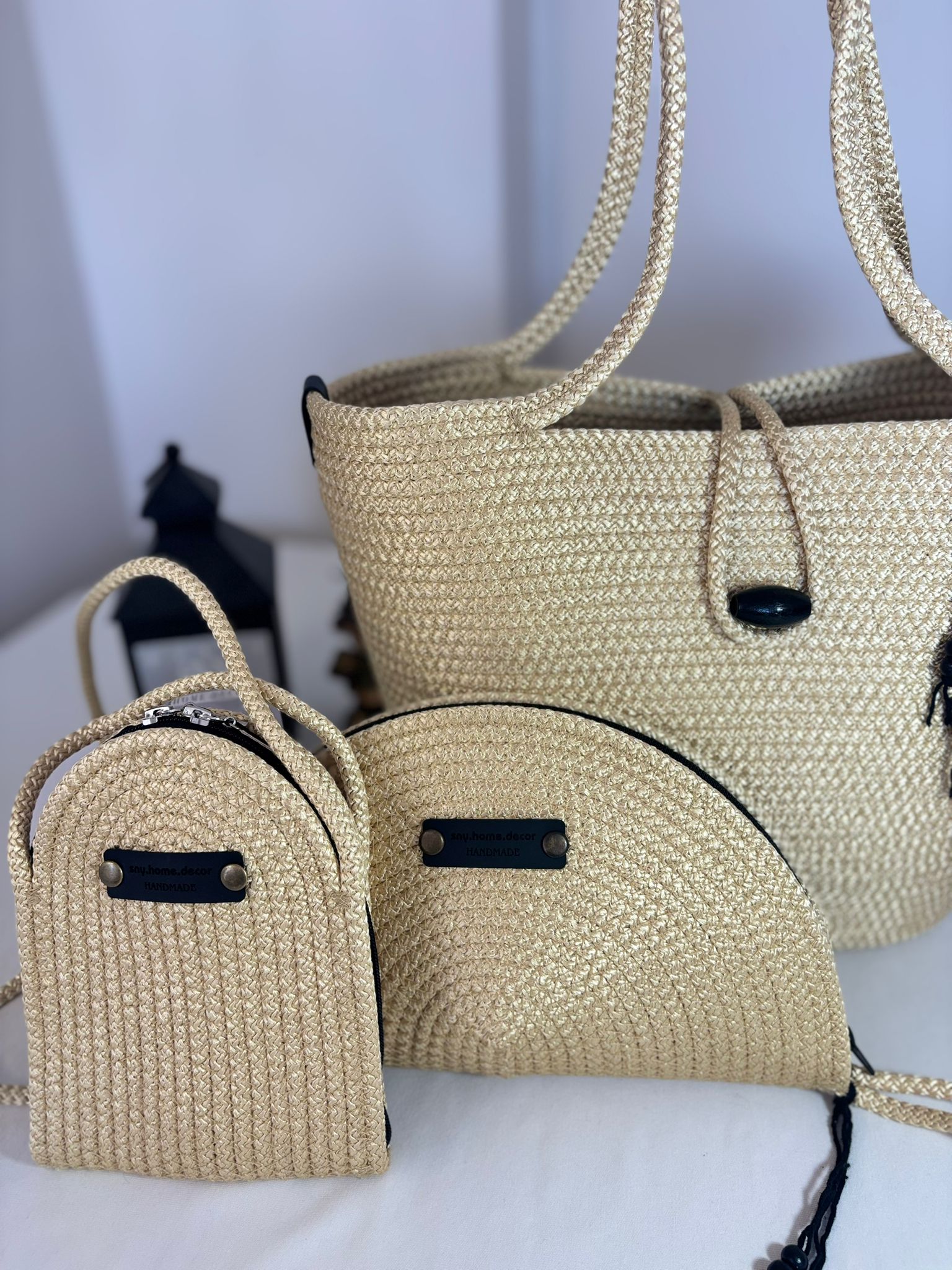 Woven Straw Bag Set, 3 Piece Tote, Clutch & Phone Crossbody Bag
