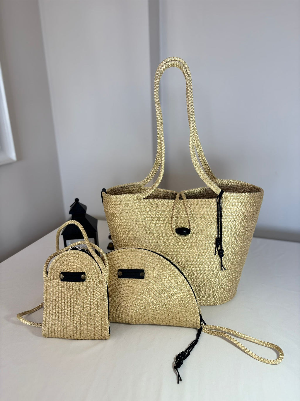 Woven Straw Bag Set, 3 Piece Tote, Clutch & Phone Crossbody Bag