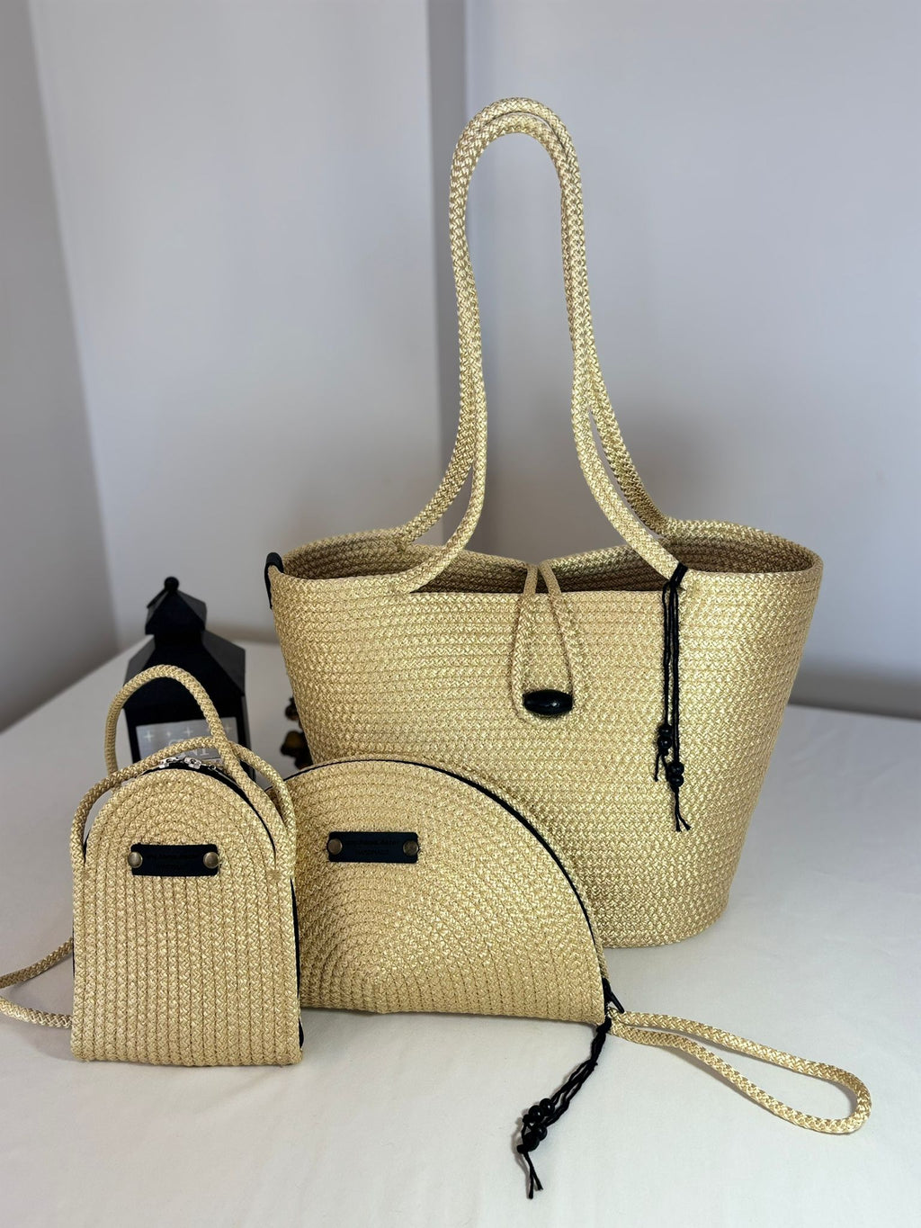 Woven Straw Bag Set, 3 Piece Tote, Clutch & Phone Crossbody Bag