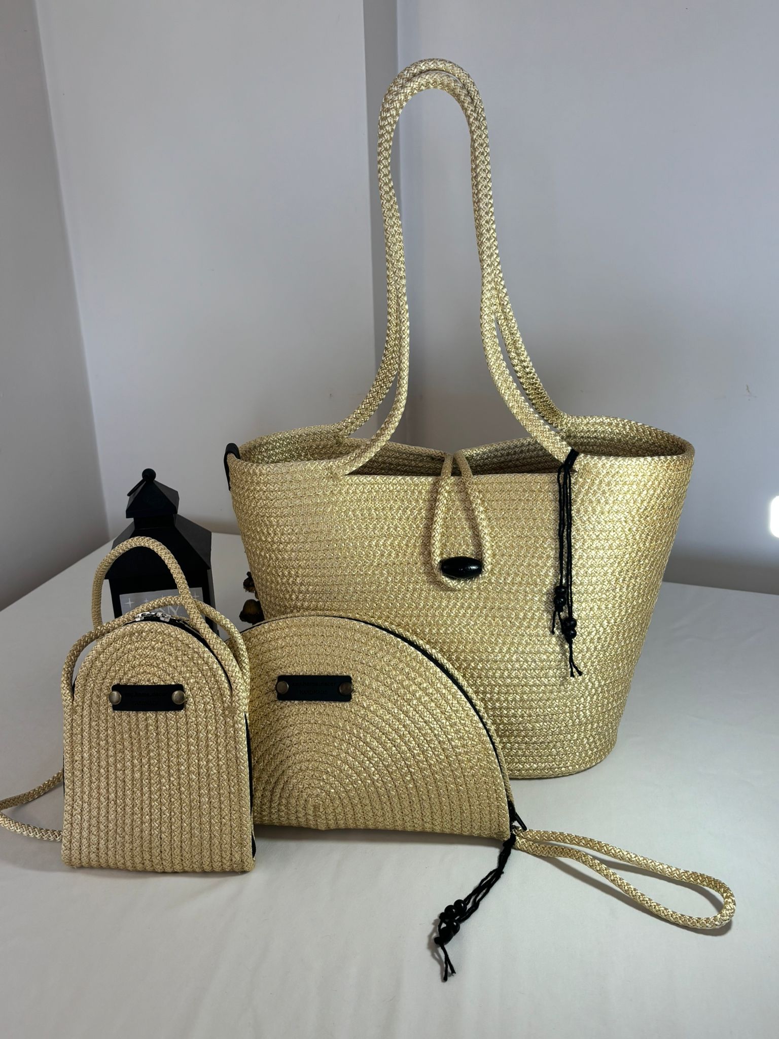 Woven Straw Bag Set, 3 Piece Tote, Clutch & Phone Crossbody Bag