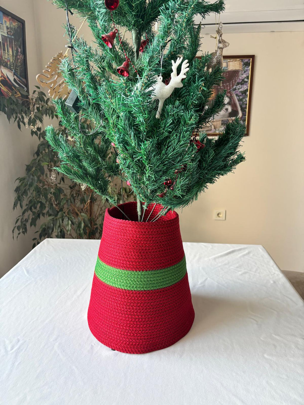 2-Piece Set Handmade Wicker Christmas Tree Stand Cover, Rustic Tree Skirt, Eco-Friendly Base Cover