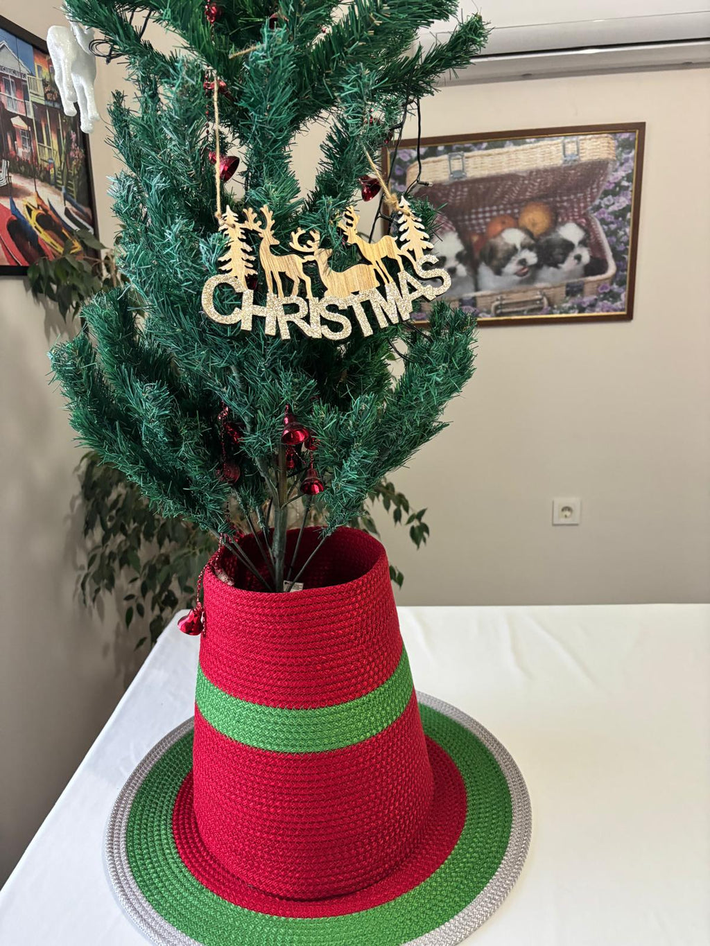 2-Piece Set Handmade Wicker Christmas Tree Stand Cover, Rustic Tree Skirt, Eco-Friendly Base Cover