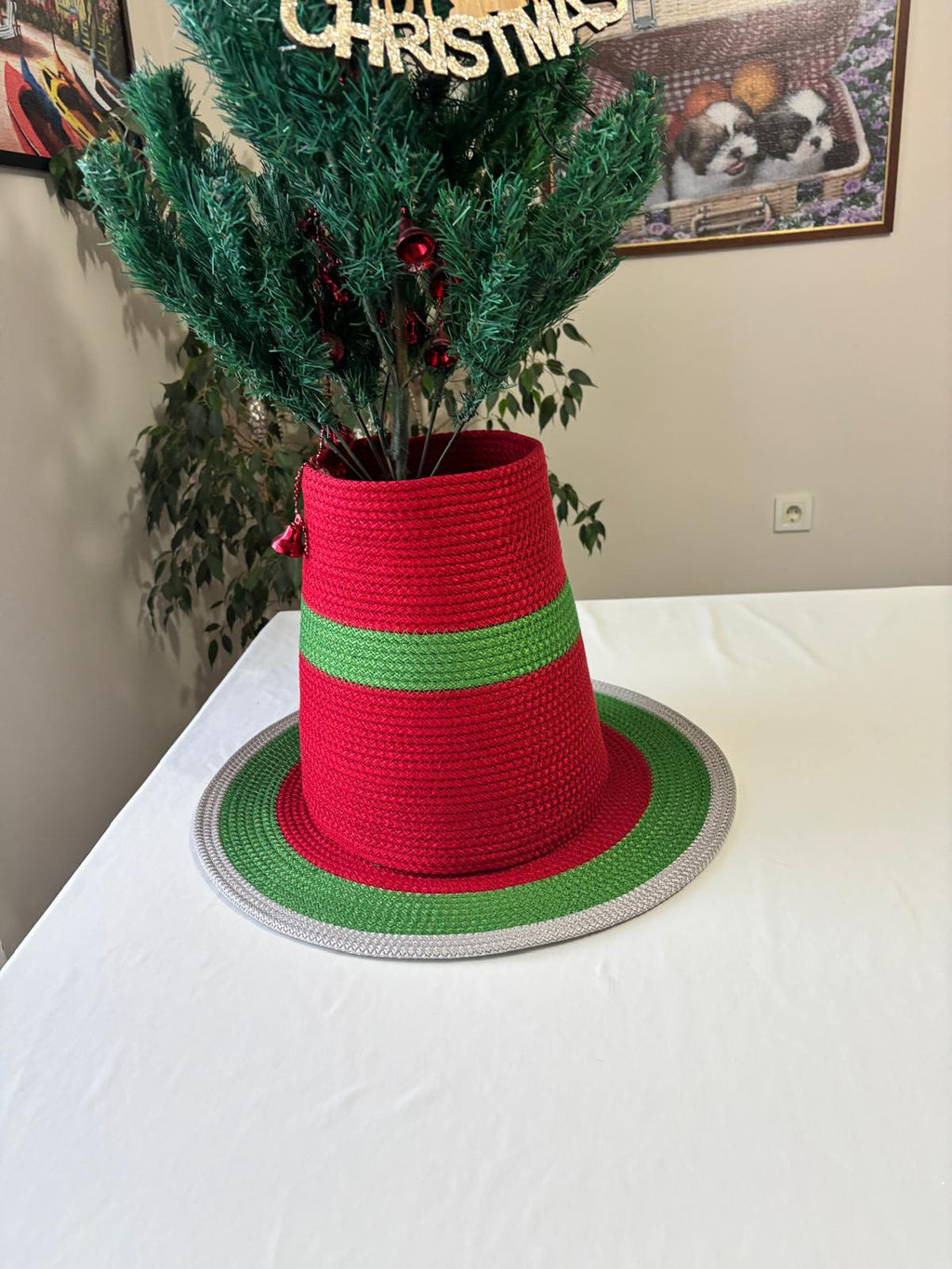 2-Piece Set Handmade Wicker Christmas Tree Stand Cover, Rustic Tree Skirt, Eco-Friendly Base Cover