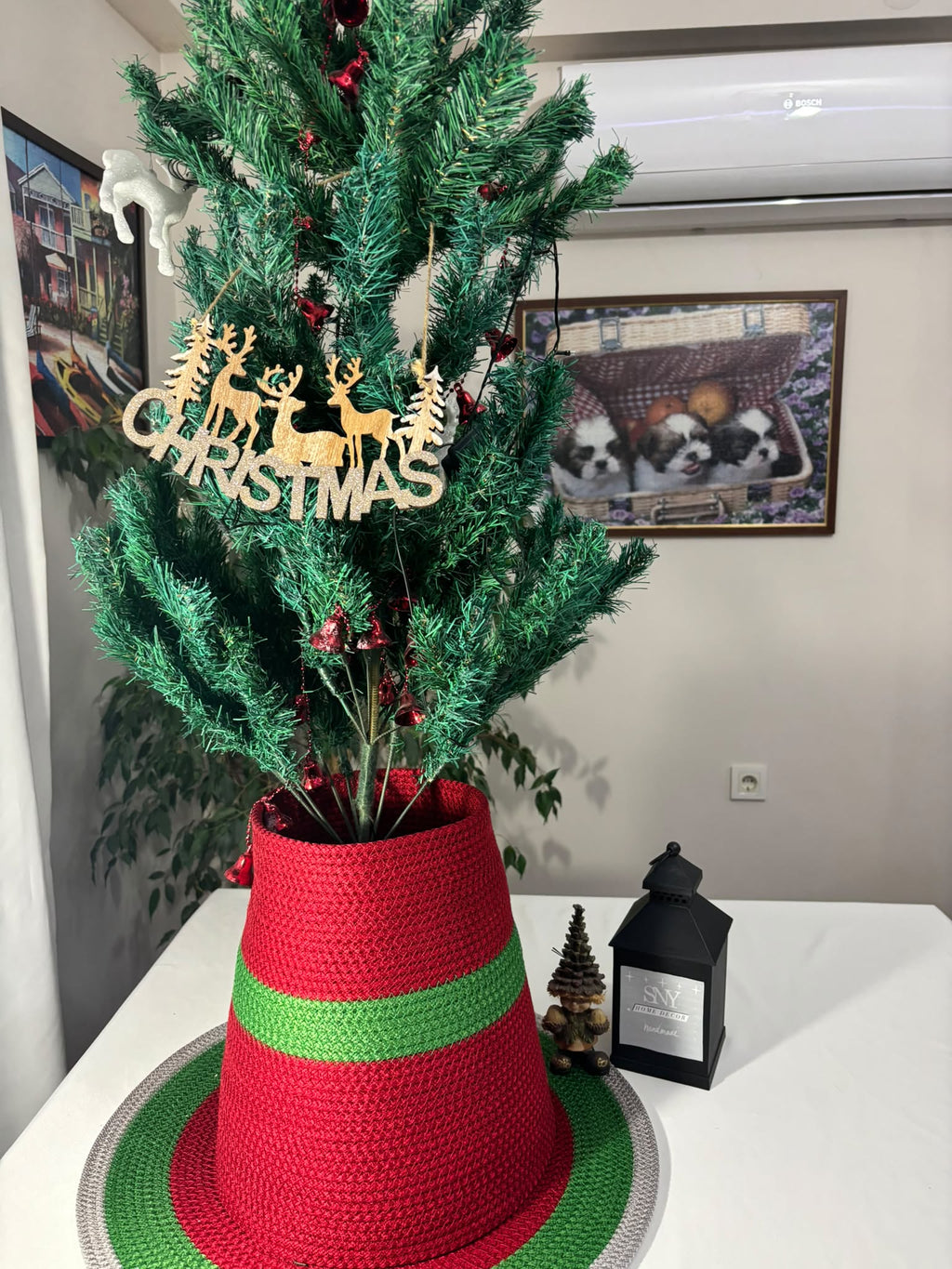 2-Piece Set Handmade Wicker Christmas Tree Stand Cover, Rustic Tree Skirt, Eco-Friendly Base Cover