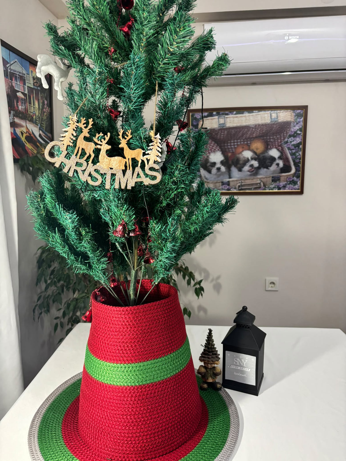 2-Piece Set Handmade Wicker Christmas Tree Stand Cover, Rustic Tree Skirt, Eco-Friendly Base Cover