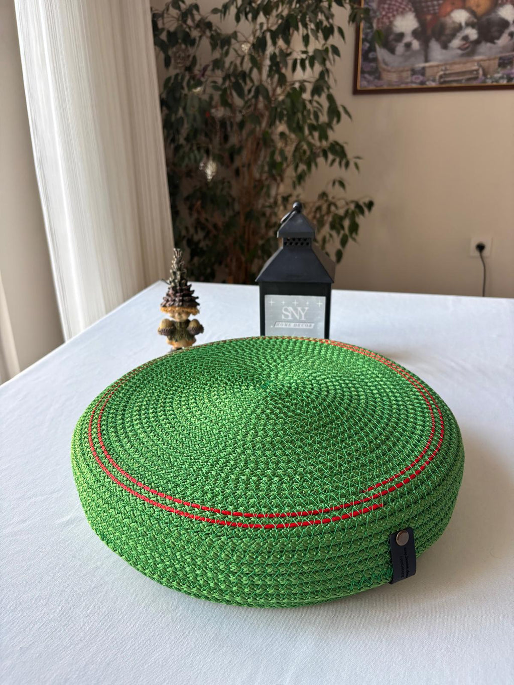 Green Handmade Rope Basket with Lid, 35 cm Diameter Large Woven Laundry Hamper