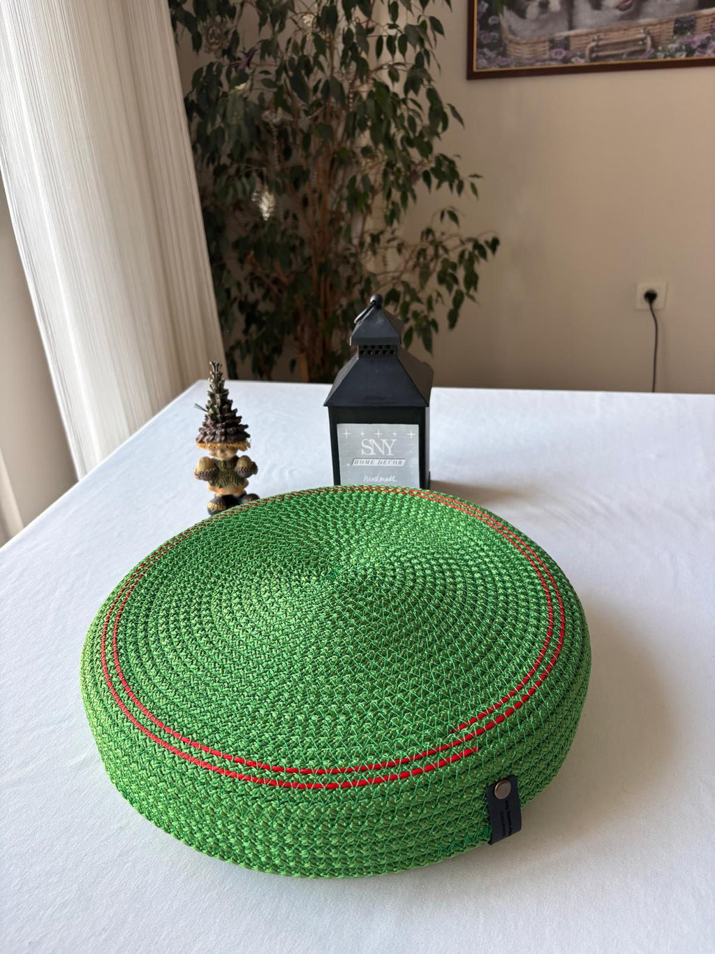 Green Handmade Rope Basket with Lid, 35 cm Diameter Large Woven Laundry Hamper