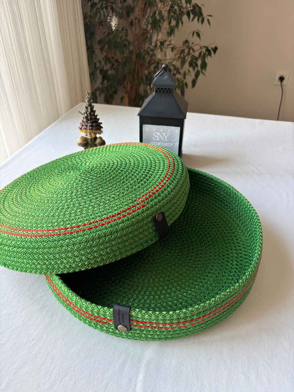 Green Handmade Rope Basket with Lid, 35 cm Diameter Large Woven Laundry Hamper
