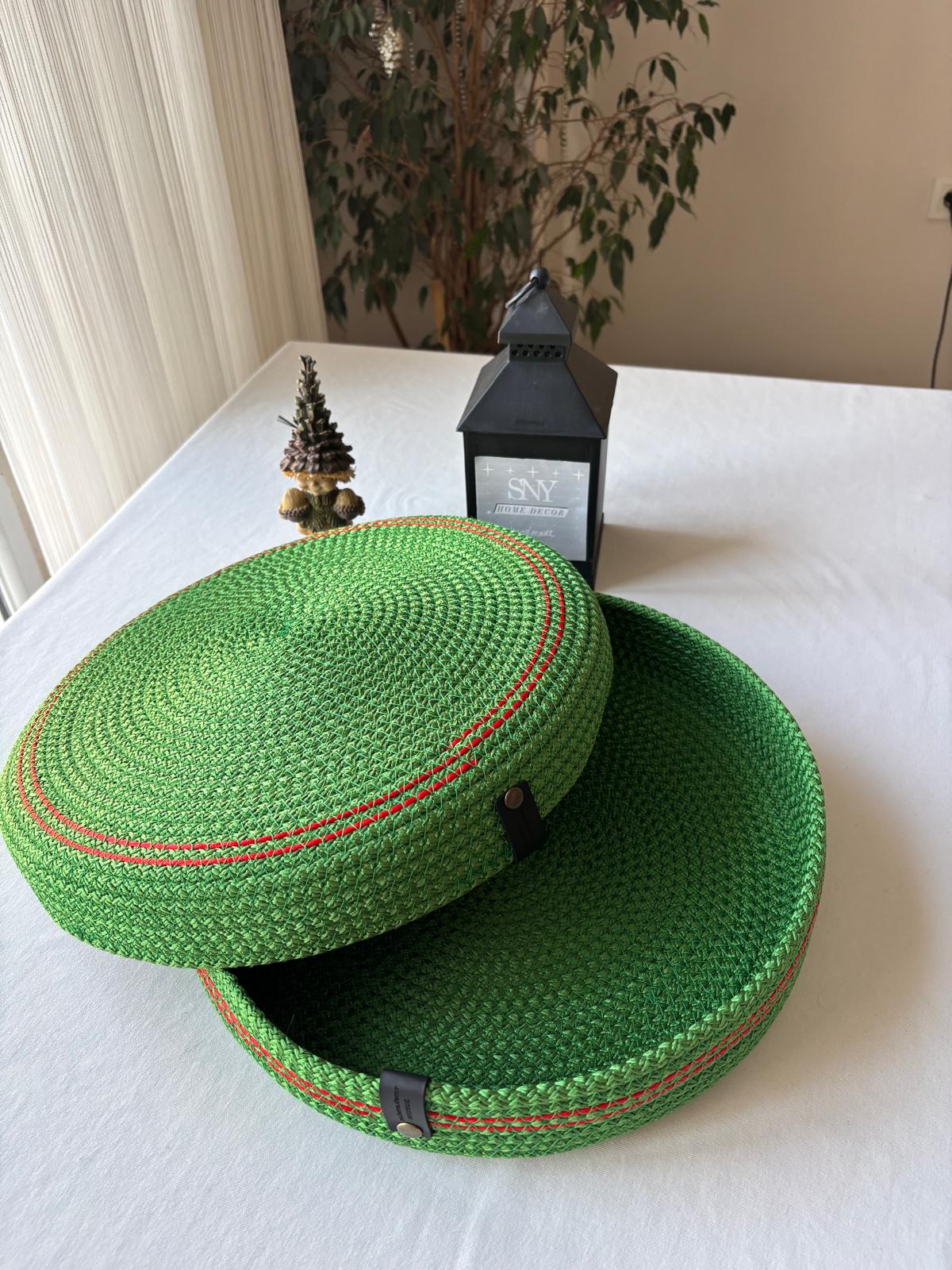 Green Handmade Rope Basket with Lid, 35 cm Diameter Large Woven Laundry Hamper