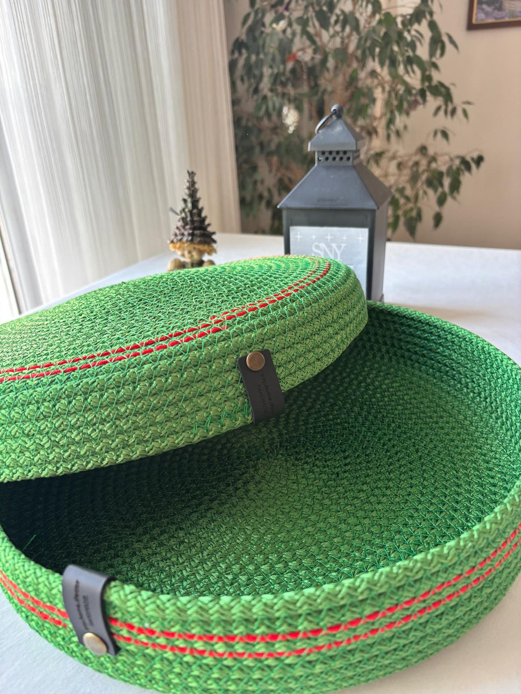 Green Handmade Rope Basket with Lid, 35 cm Diameter Large Woven Laundry Hamper