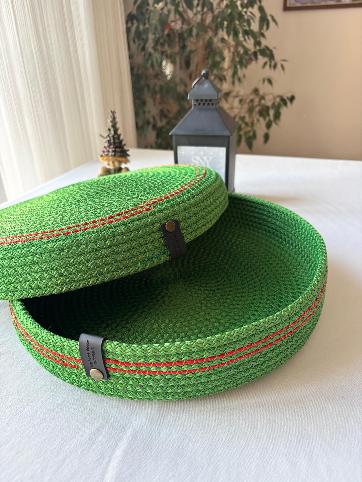 Green Handmade Rope Basket with Lid, 35 cm Diameter Large Woven Laundry Hamper
