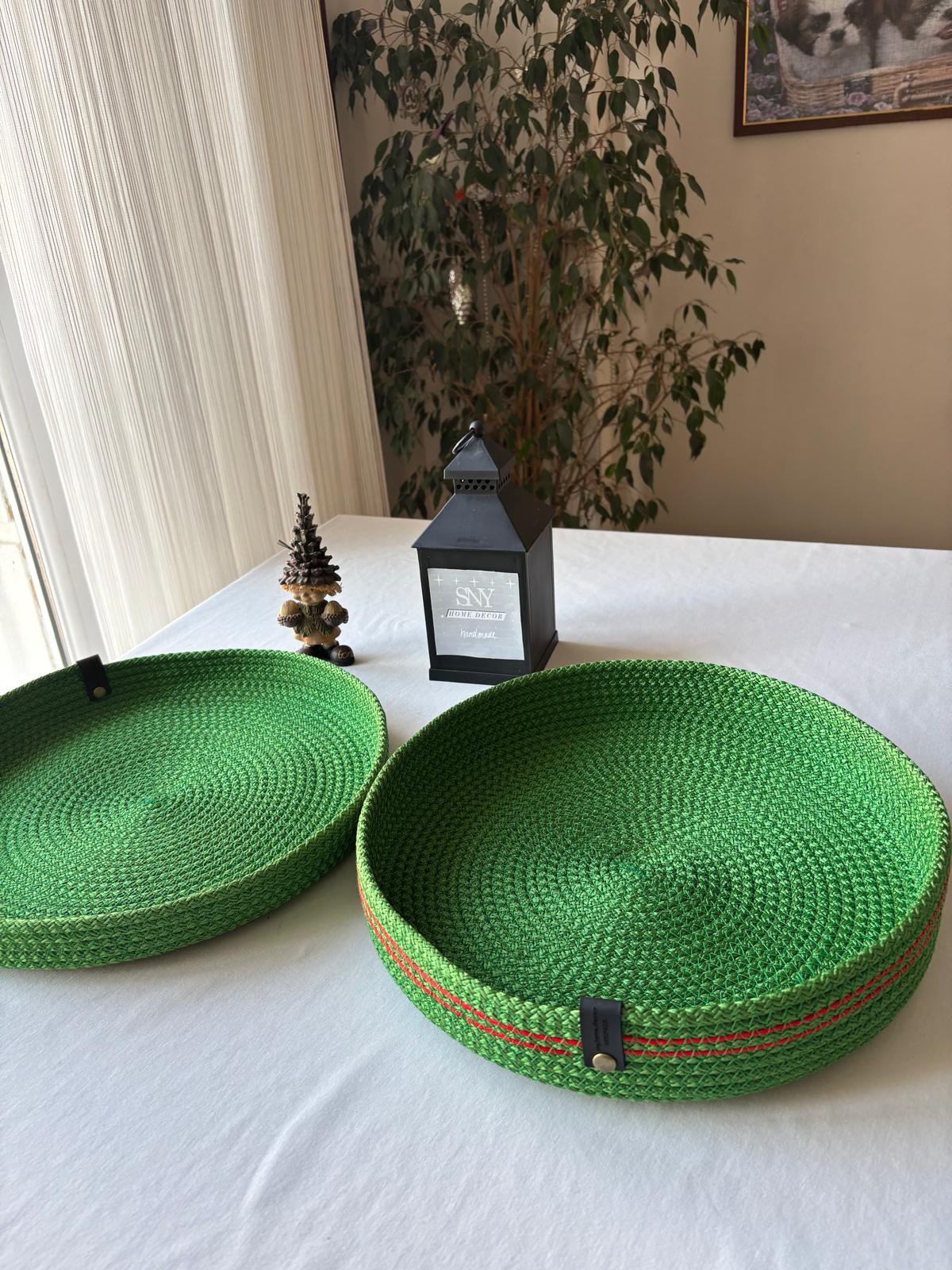 Green Handmade Rope Basket with Lid, 35 cm Diameter Large Woven Laundry Hamper