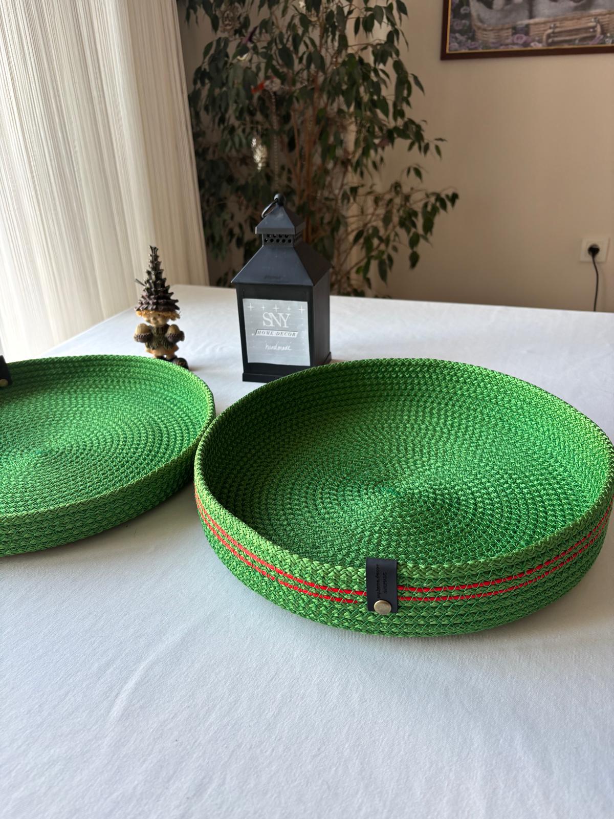 Green Handmade Rope Basket with Lid, 35 cm Diameter Large Woven Laundry Hamper