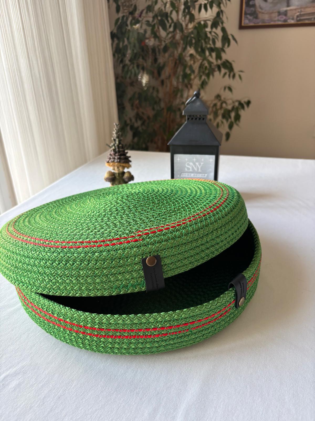 Green Handmade Rope Basket with Lid, 35 cm Diameter Large Woven Laundry Hamper