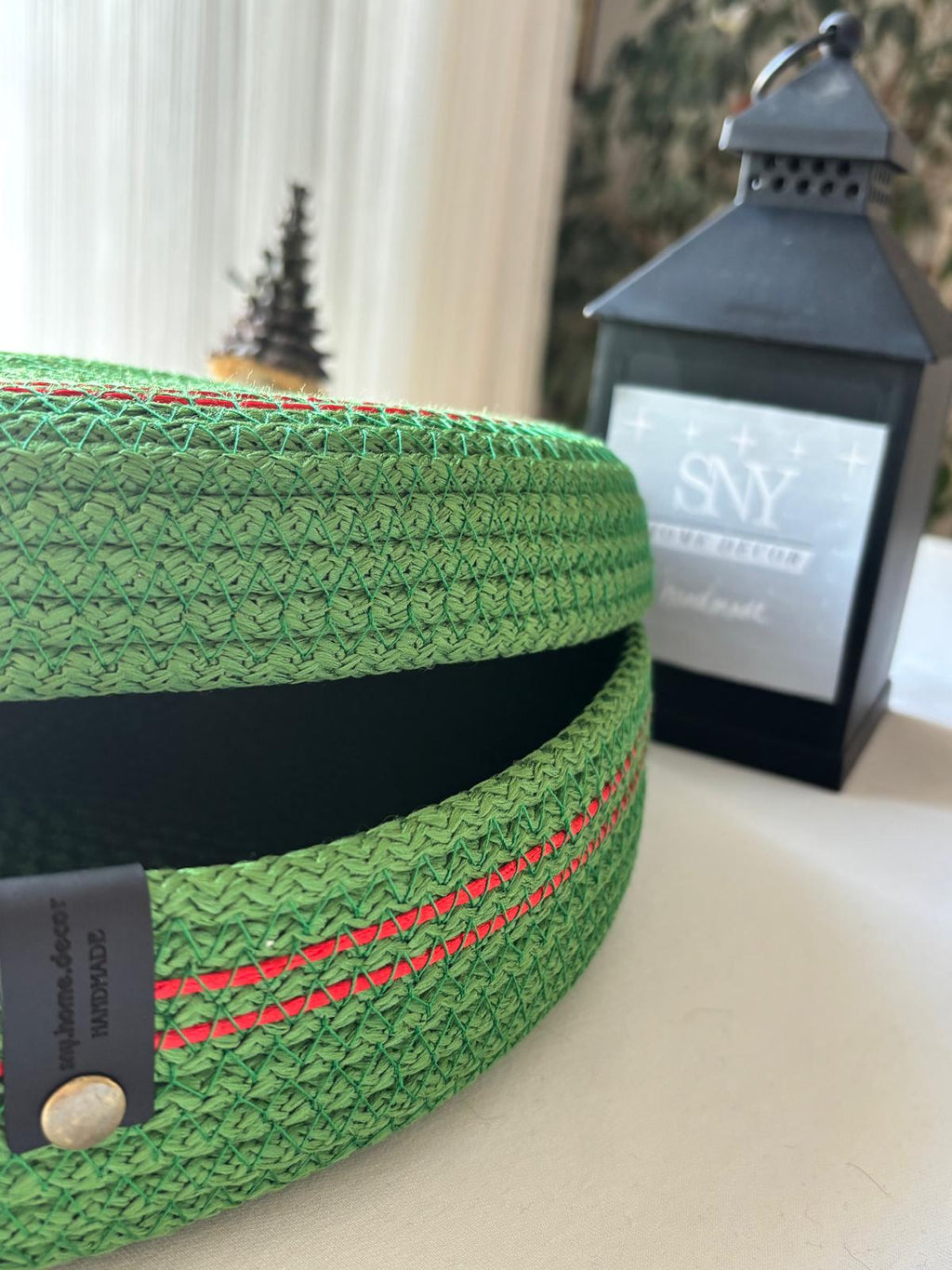 Green Handmade Rope Basket with Lid, 35 cm Diameter Large Woven Laundry Hamper