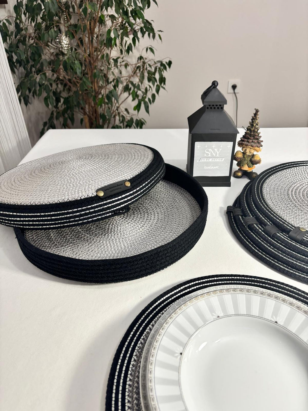 Handmade Woven 6 Placemats & Box with lid Set: Boho Table Decor