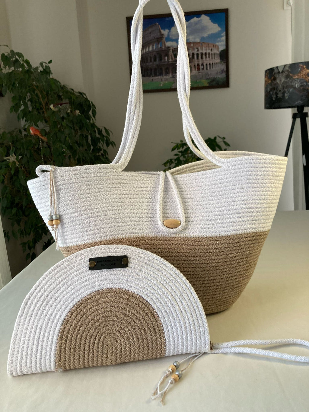 Beige-weiße handgewebte Juteseiltasche: Beige-weißes Baumwollfutter