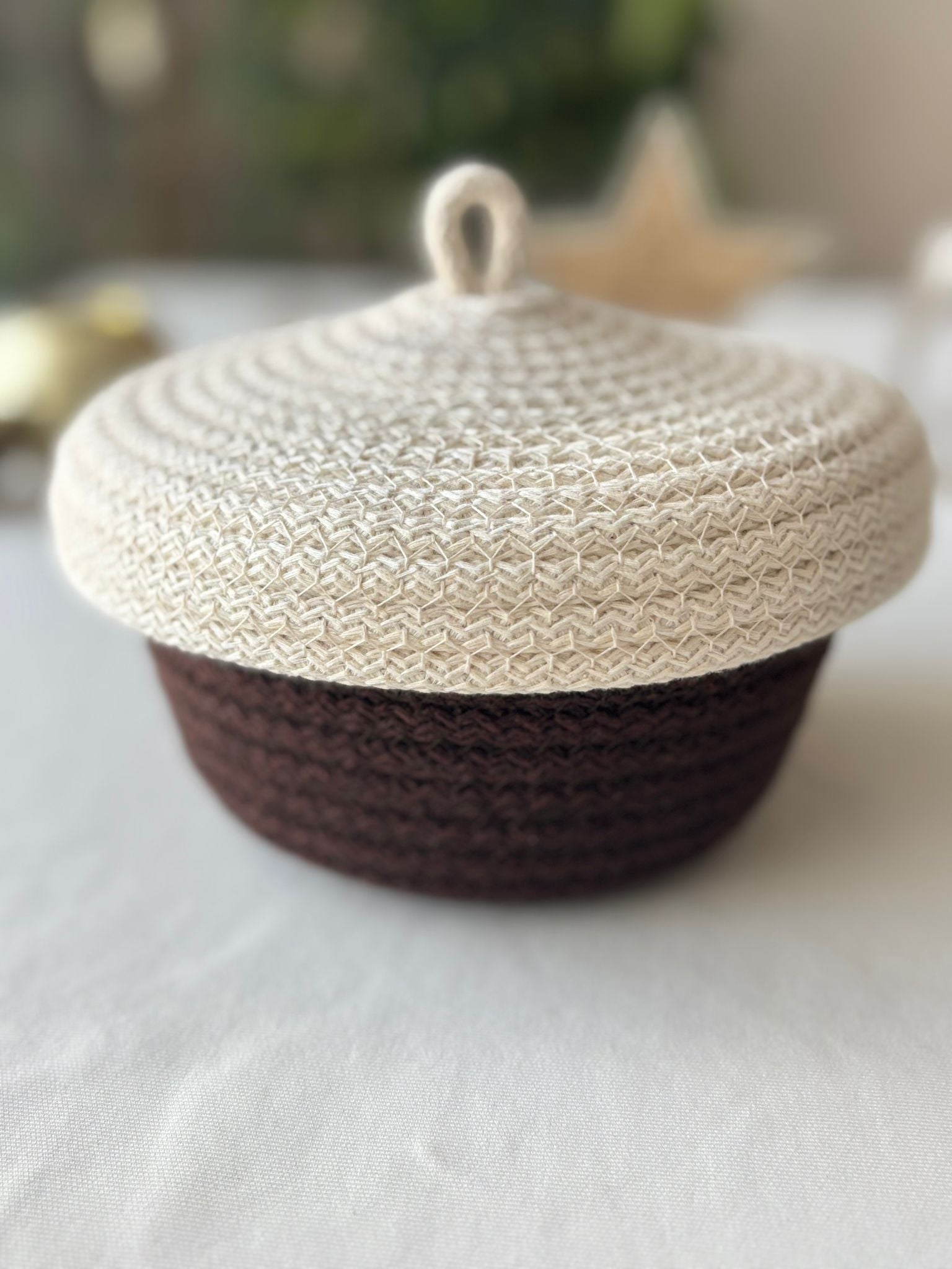 Handwoven Rope Storage Basket with Lid - Small woven Organizer, Handmade Candy Bowl