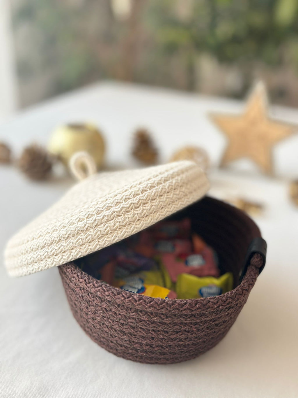 Handwoven Rope Storage Basket with Lid - Small woven Organizer, Handmade Candy Bowl