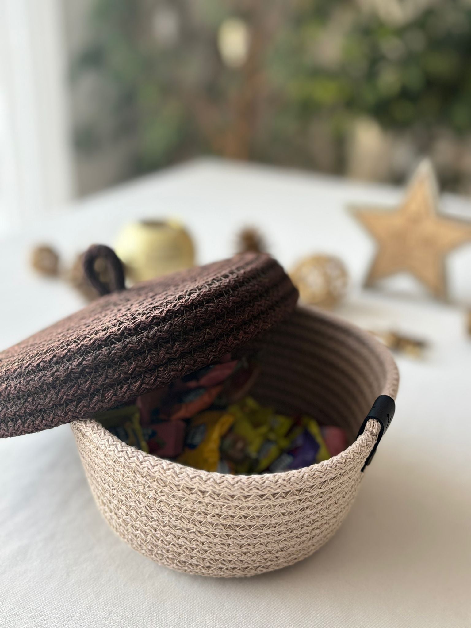 Handwoven Rope Storage Basket with Lid - Small woven Organizer, Handmade Candy Bowl
