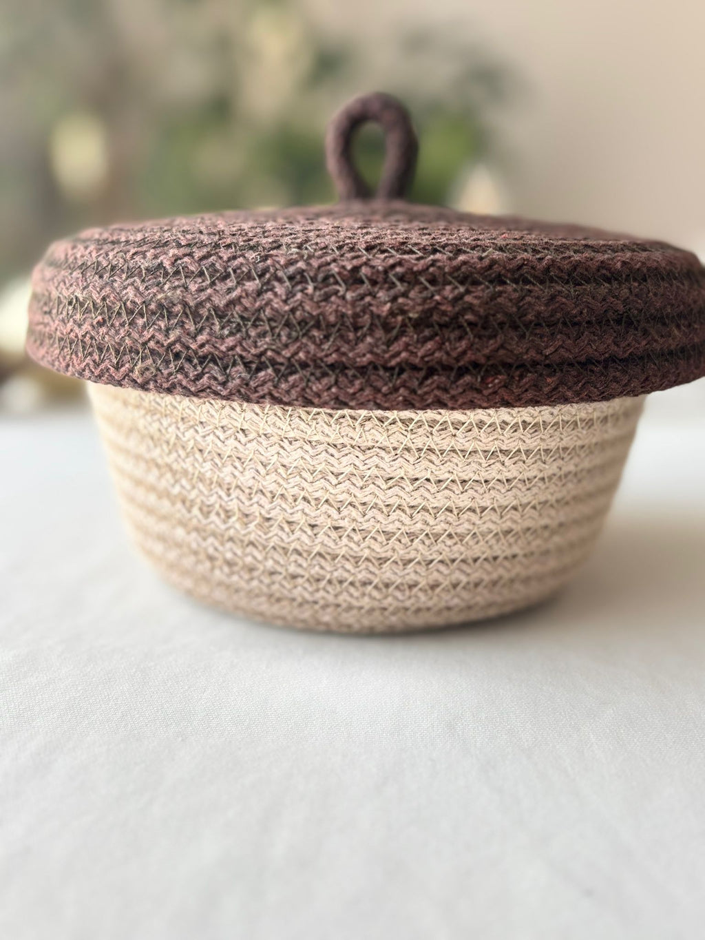 Handwoven Rope Storage Basket with Lid - Small woven Organizer, Handmade Candy Bowl