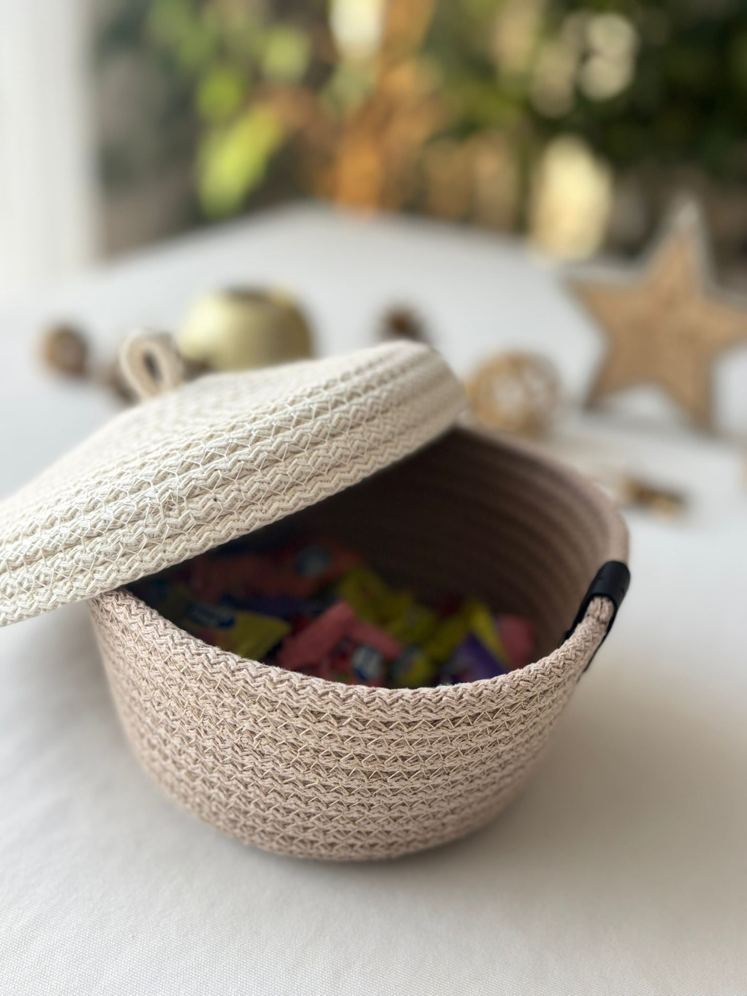 Handwoven Rope Storage Basket with Lid - Small woven Organizer, Handmade Candy Bowl
