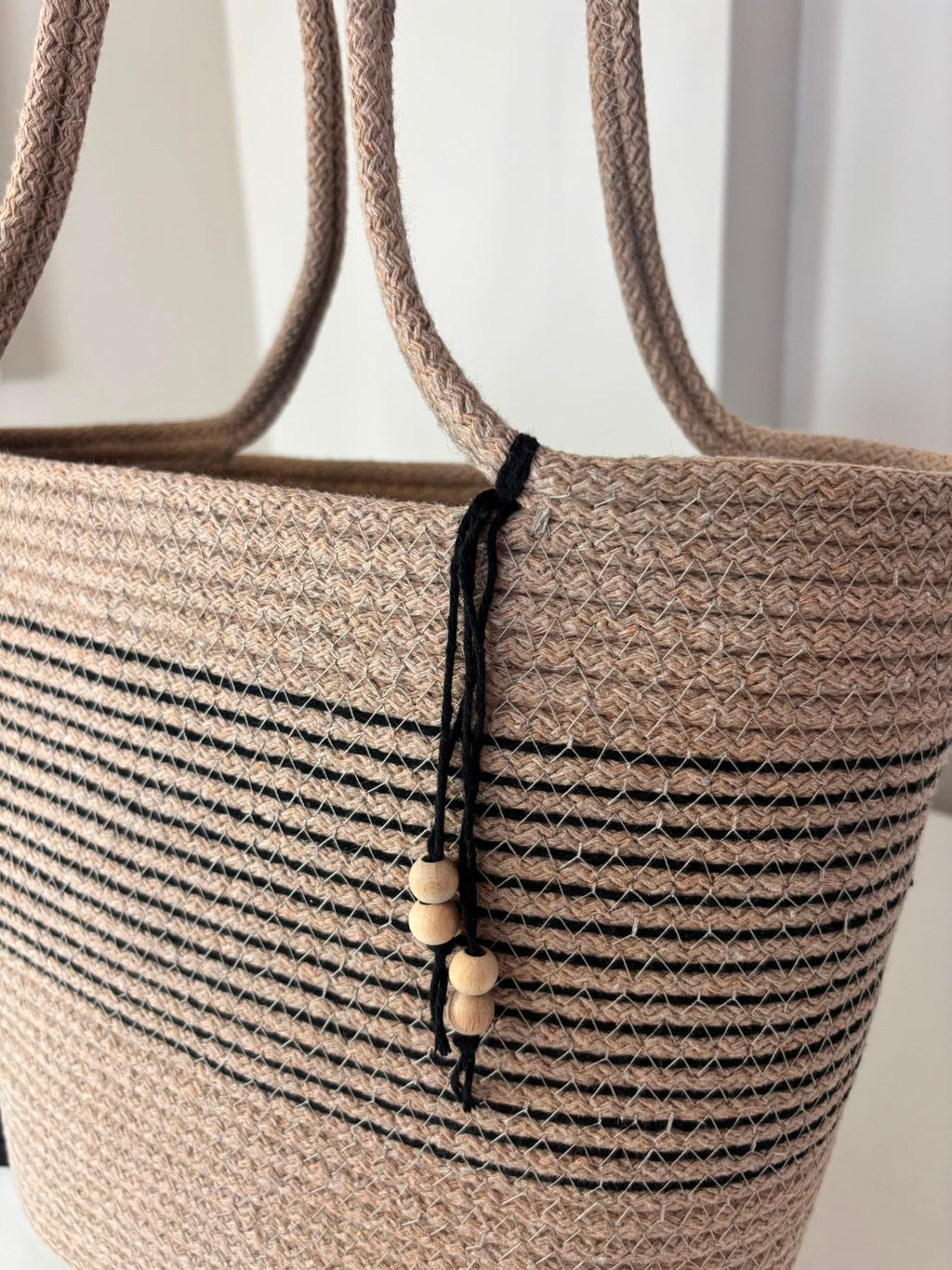 Large woven beach tote bag for women in beige and black