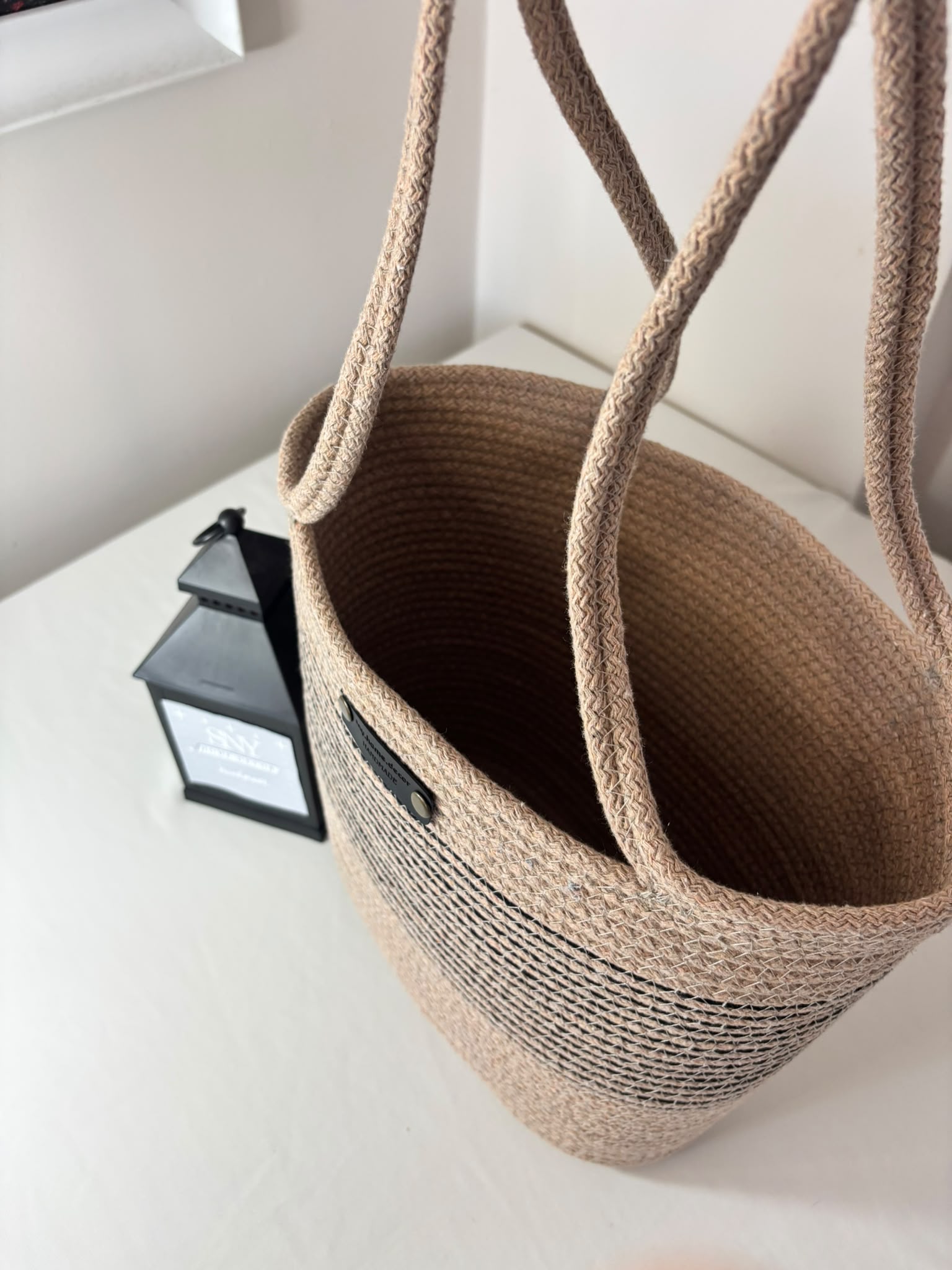 Large woven beach tote bag for women in beige and black