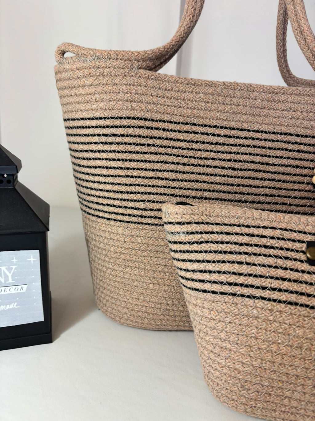 Handmade beige and black beach bag set for summer travel