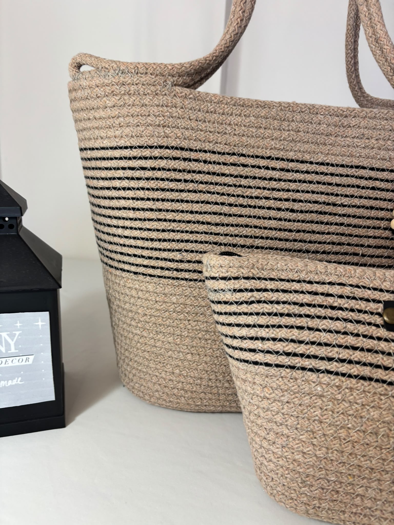 Handmade beige and black beach bag set for summer travel