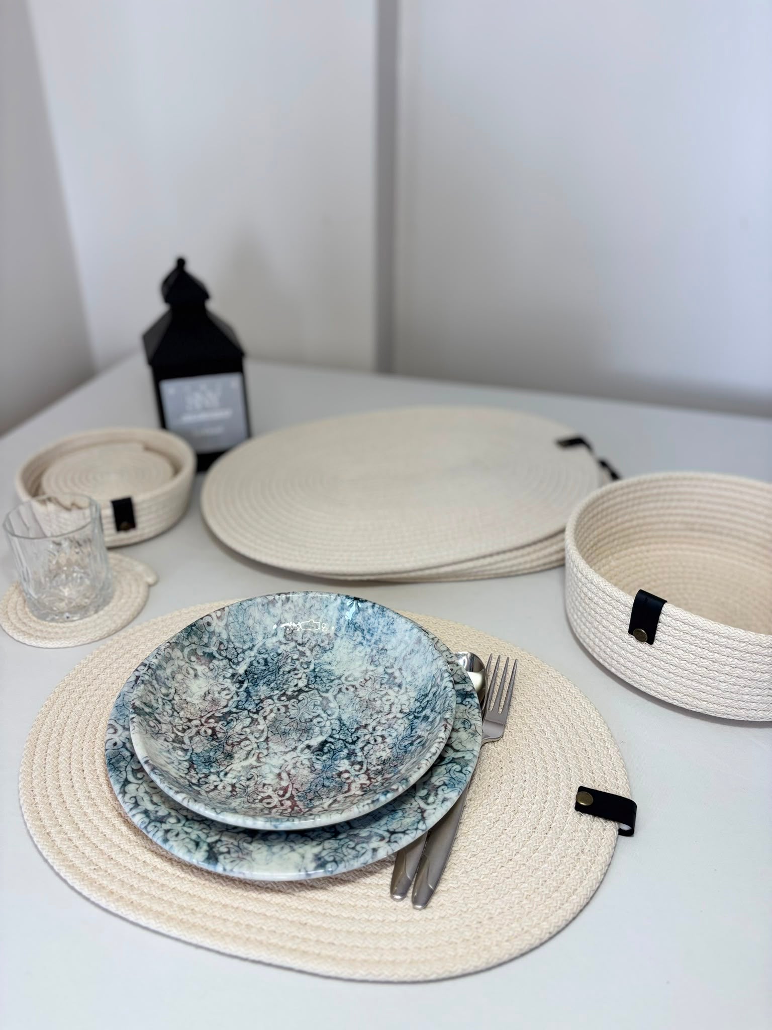 Handmade Woven White Oval Placemats , Basket, Coaster Set: Boho Table Decor