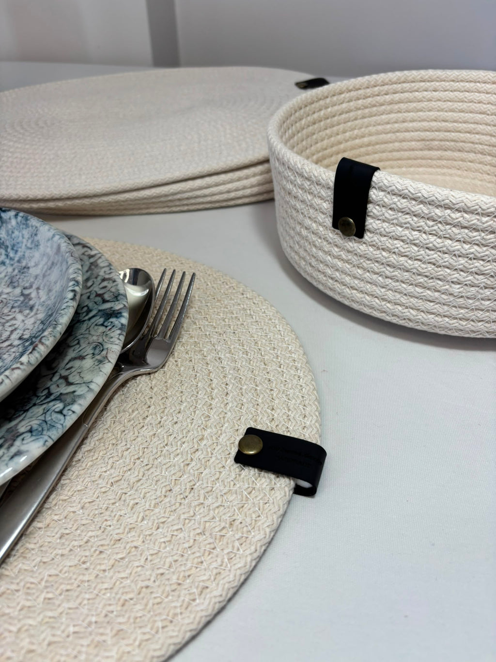 Handmade Woven White Oval Placemats , Basket, Coaster Set: Boho Table Decor