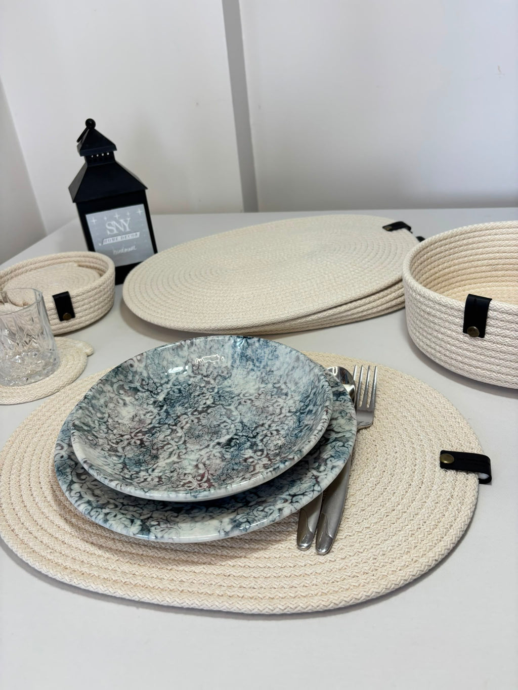 Handmade Woven White Oval Placemats , Basket, Coaster Set: Boho Table Decor