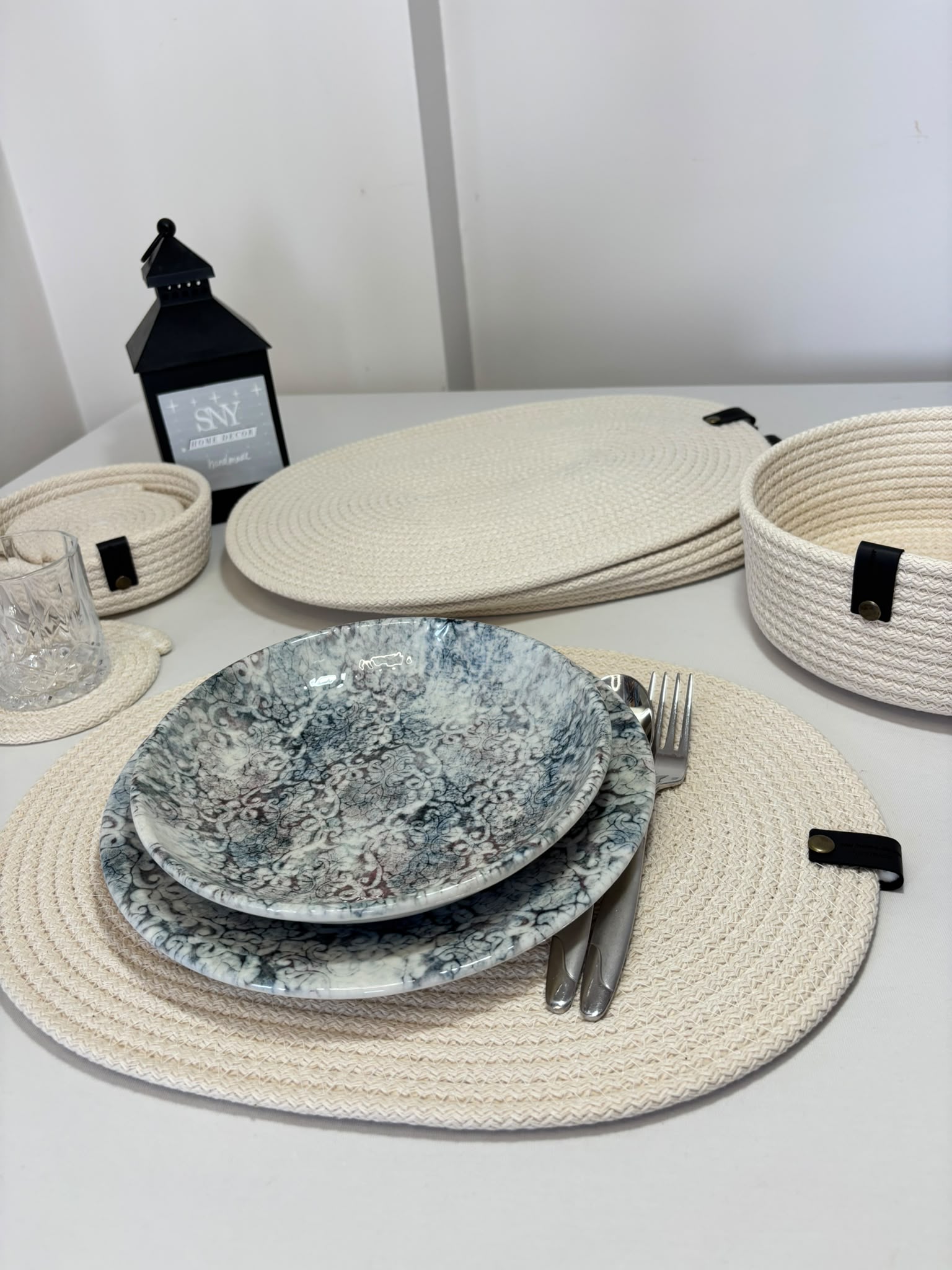 Handmade Woven White Oval Placemats , Basket, Coaster Set: Boho Table Decor
