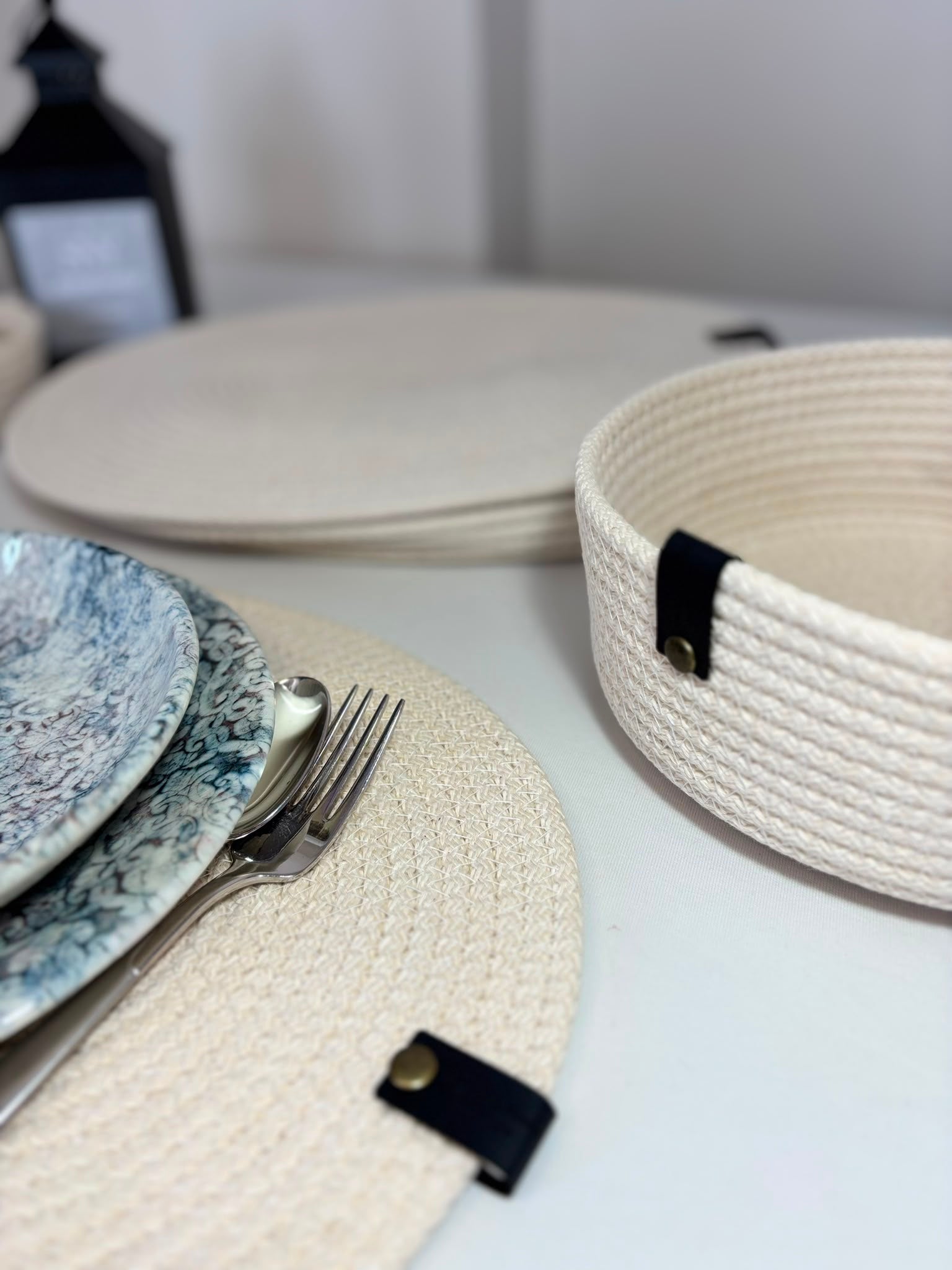 Handmade Woven White Oval Placemats , Basket, Coaster Set: Boho Table Decor
