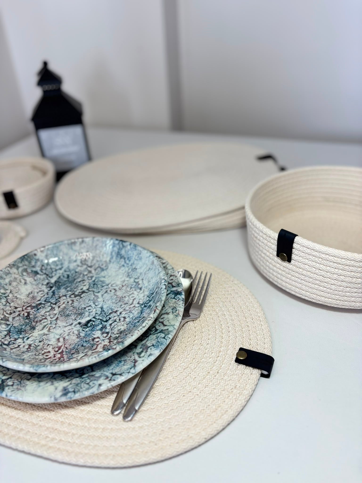 Handmade Woven White Oval Placemats , Basket, Coaster Set: Boho Table Decor
