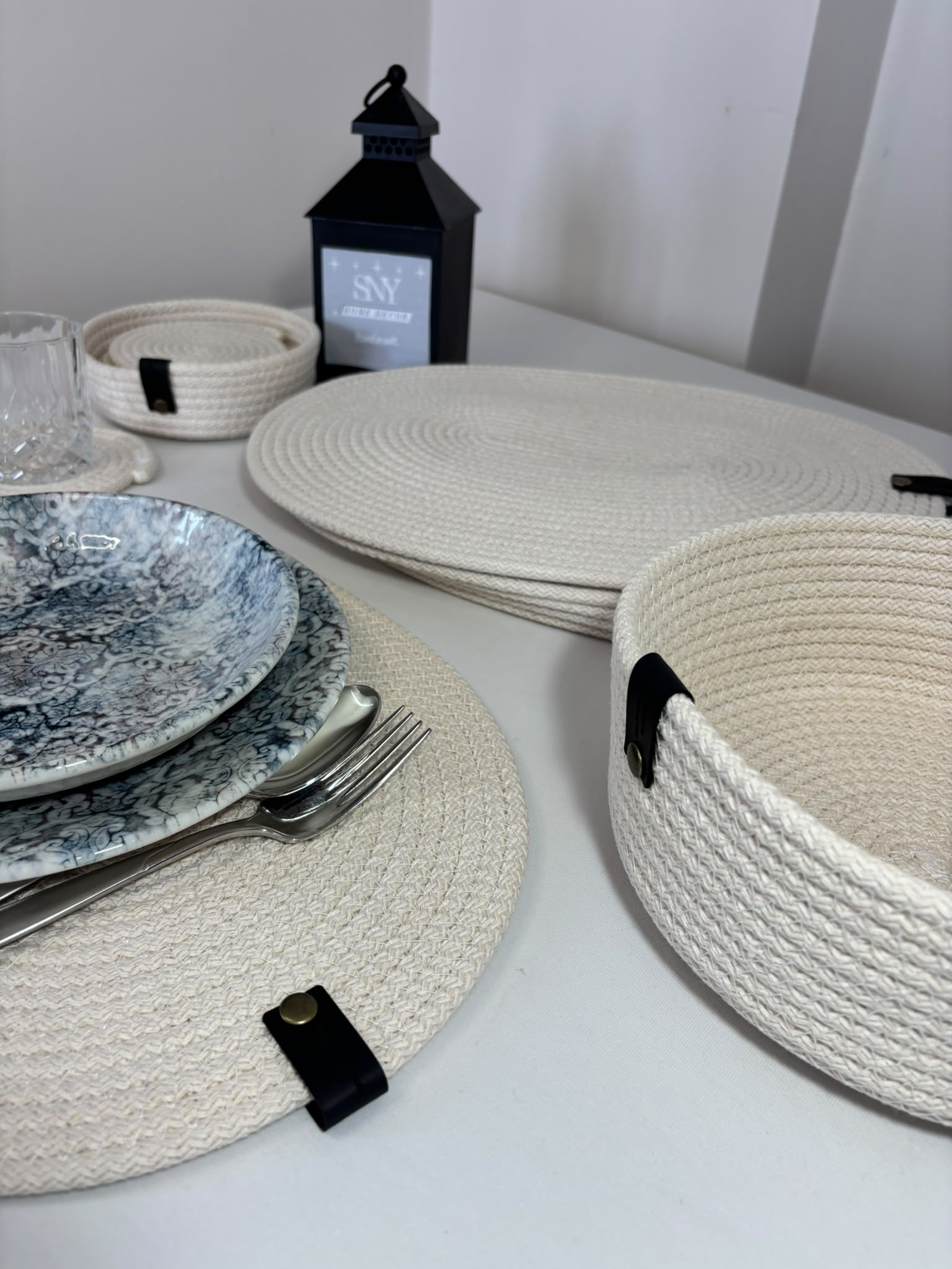 Handmade Woven White Oval Placemats , Basket, Coaster Set: Boho Table Decor