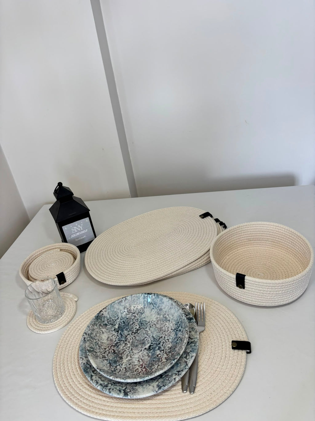 Handmade Woven White Oval Placemats , Basket, Coaster Set: Boho Table Decor